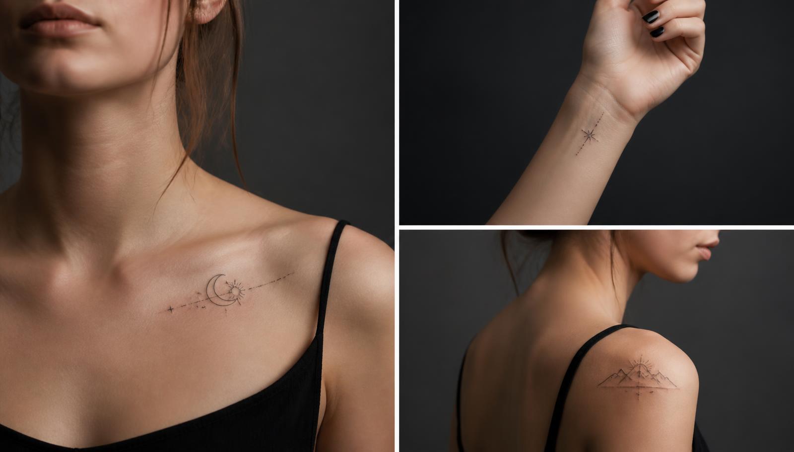 Custom temporary tattoos shown on a collarbone, wrist and shoulder